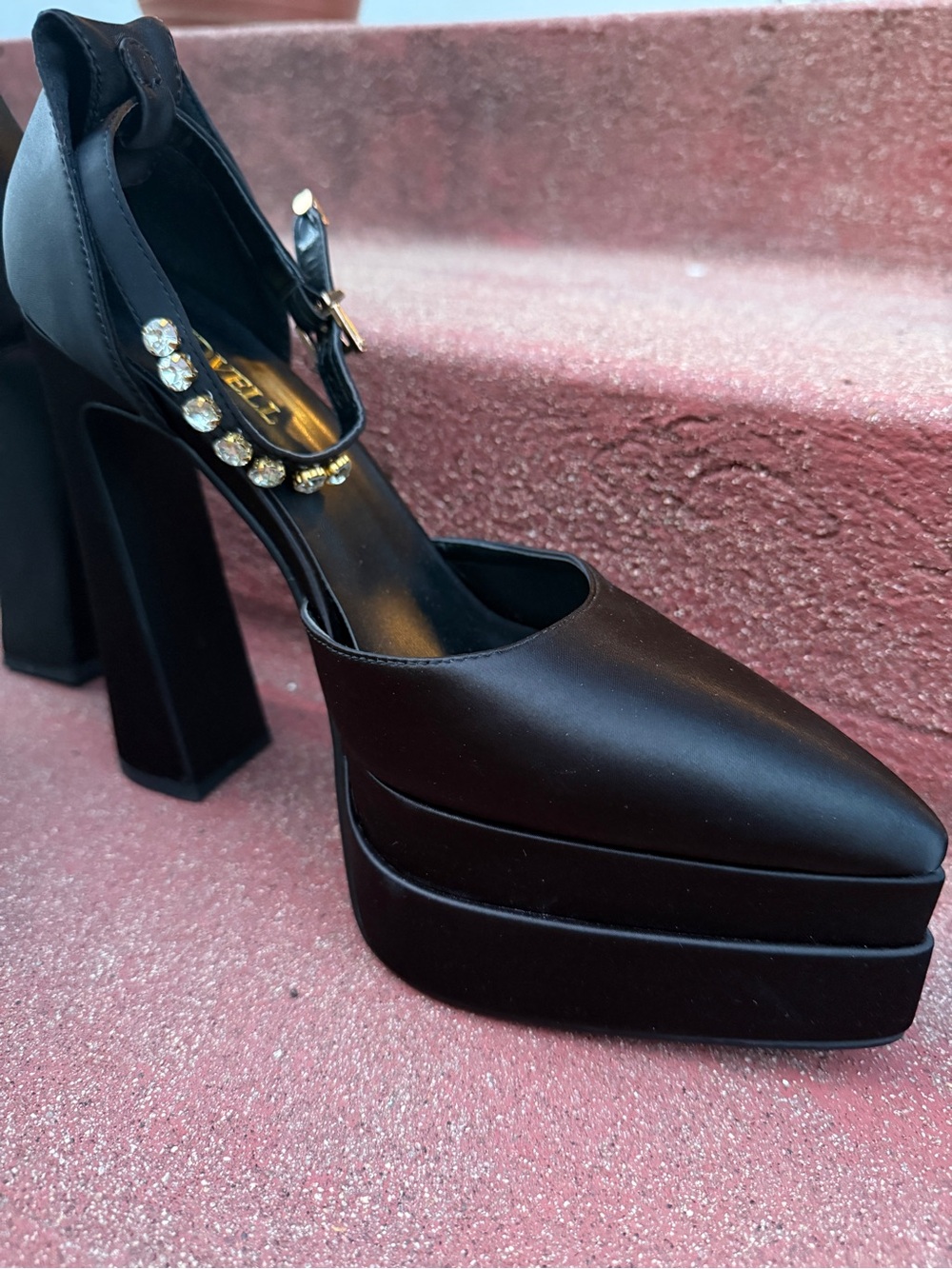 Black Rhinestone Ankle-Strap Platform Pumps